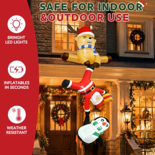 Joeyan 8ft Hanging Christmas Inflatable Santa with Reindeer & Penguin - Built-in LEDs, Roof, Balcony Decor (Variation: Santa & Reindeer Penguin)