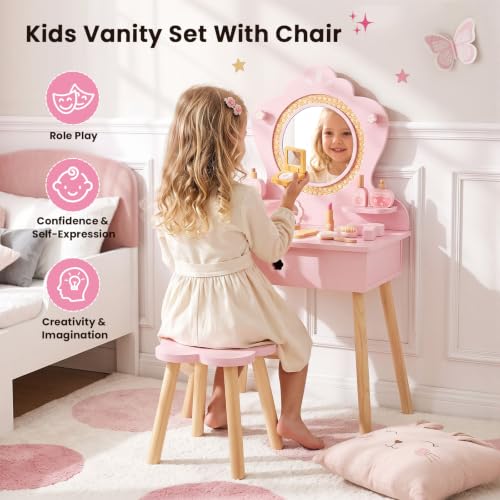 Kids Vanity Set with Mirror and Accessories - Toddler Dress-Up Furniture