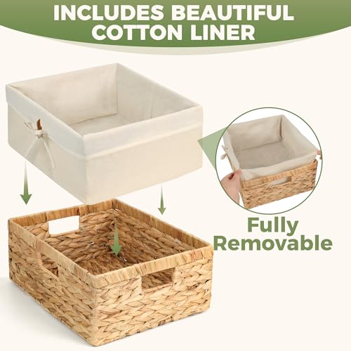 Natural Water Hyacinth Wicker Storage Baskets with Handles & Cotton Liner - Large 15x12x6 Inches