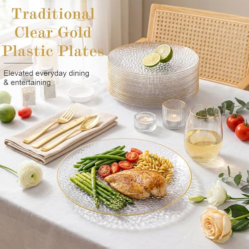 Gold Plastic Dinner Plates 10 Inch - Hammer Pattern Disposable Plates - 100 Pack - Clear Gold Variation