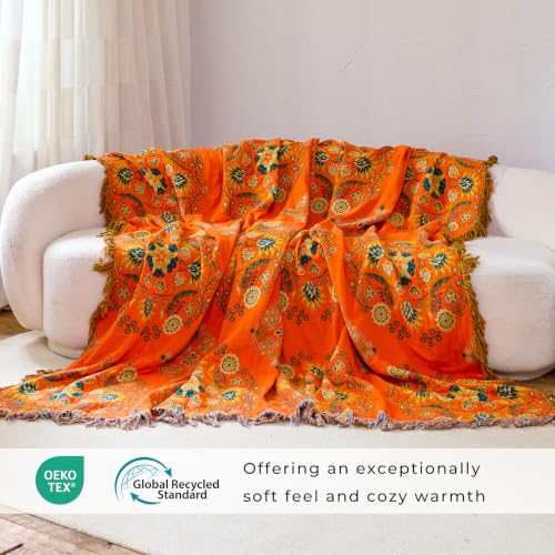 Orange Floral Rustic Boho Blanket for Bed Couch Travel 50"×60"