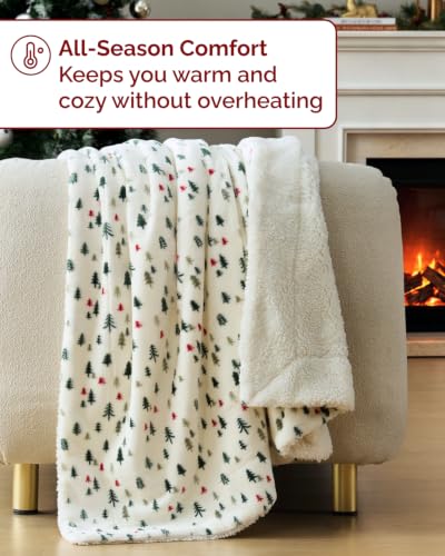Christmas Sherpa Blanket Throw Size, Reversible - Trees, 50x60