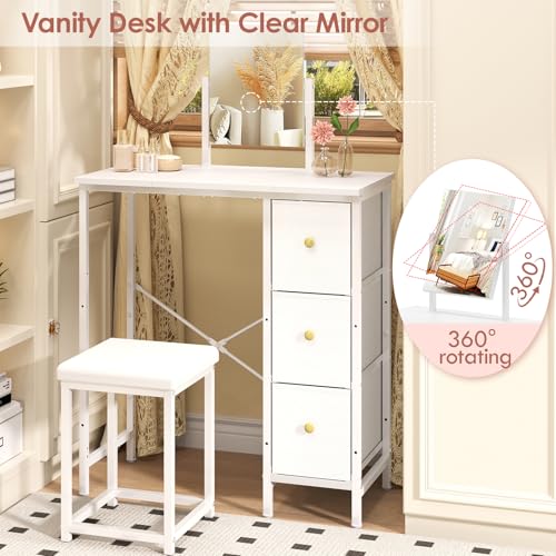 White 27.5 Inch Small Vanity Desk with Mirror & Stool, Compact Makeup Table for Girls & Teens - Space Saving