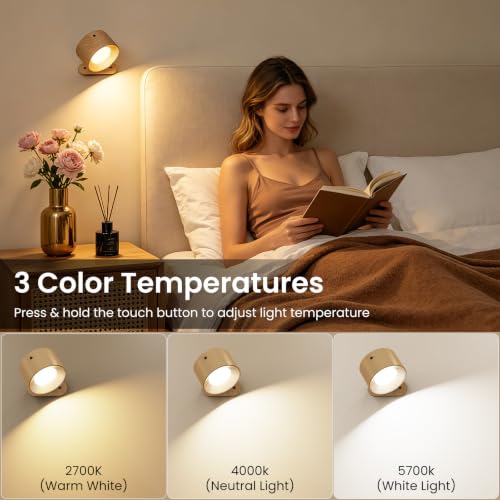 Rechargeable LED Wall Sconce with Remote - Wood Grain, 3 Brightness Levels, 360° Swivel - Wood-C