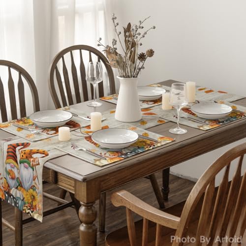 Artoid Mode Wood Gnomes Pumpkins Fall Placemats Set of 4, 12x18 Inch Seasonal Thanksgiving Table Mats for Party Kitchen Dining Decoration