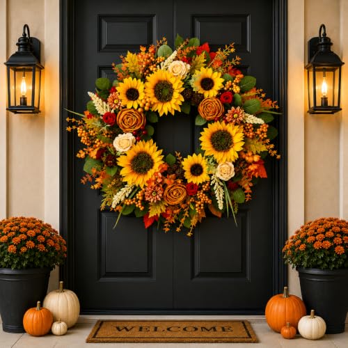 24-Inch Fall Sunflower Wreath for Front Door Autumn Harvest Decor