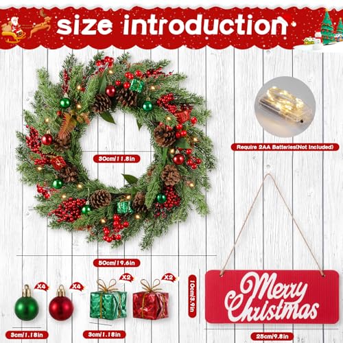 20in Handmade Christmas Wreath for Holiday Decor with Lights & Sign