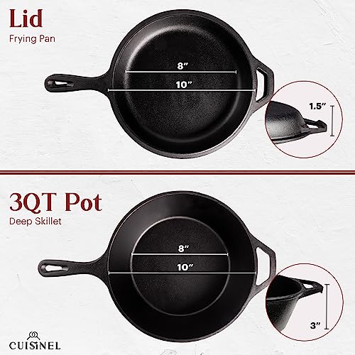 Cast Iron Skillet with Lid - 3 Qt Deep Frying Pan & Multi-Use Cooker - 10 Inch, Pre-Seasoned, Versatile Cookware