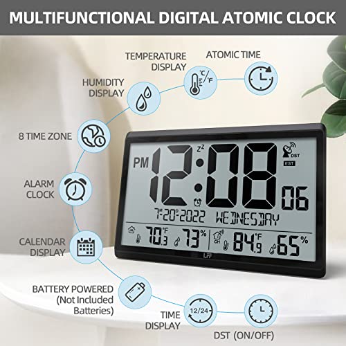 Digital Atomic Wall Clock with Indoor/Outdoor Temp & Humidity - Black, 15"