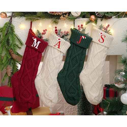 Personalized Christmas Stockings with Initials, 18 Inches Large Embroidered Monogrammed Cable Knit Christmas Stocking for Family, Xmas Holiday Party Gifts & Decoration for Fireplace(White,Letter A)