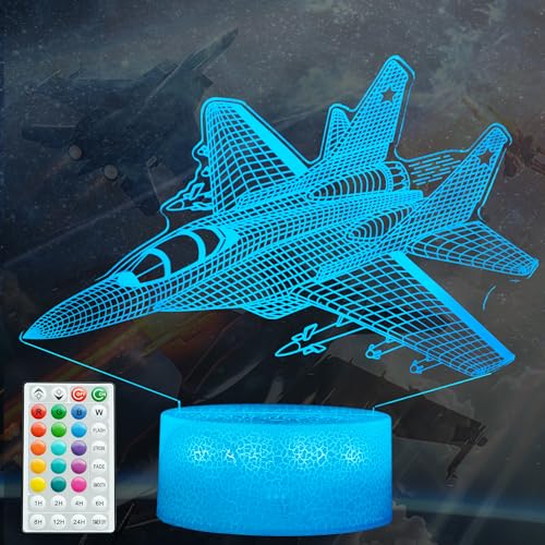 Warplane Night Light, Airplane Gifts, Aviation 3D Illusion Night Light with 16 Colors Changing, Remote Control with Timer, Fighter Kids Room Decoration for Holiday Birthday Christmas