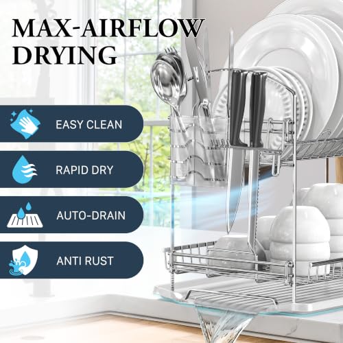 Stainless Steel Dish Rack with Drainboard and Cutlery Basket - Chrome - 2-Tier
