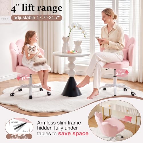 Pink Velvet Vanity Chair with Wheels - Swivel Makeup Desk Chair, Adjustable Height