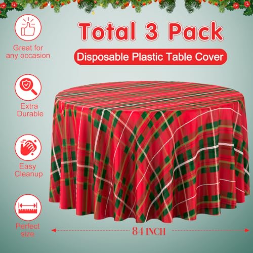 Jectivs 3-Pack 84 Inch Christmas Buffalo Checkered Plaid Disposable Tablecloths - Red & Green Holiday Party Supplies