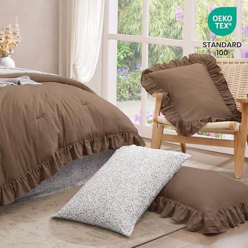BLOOMHAVEN King Size Comforter Set Amber Brown - 7 Pieces Ruffle Floral Bedding