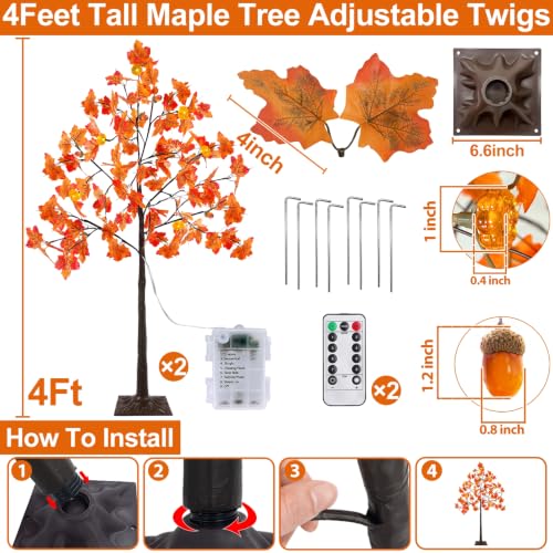 2 Pack 4ft Prelit Fall Maple Trees with Pumpkins & Acorns - Outdoor Indoor Decor