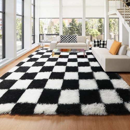 KICMOR 8x10 Black & White Checkered Shag Area Rug - Large Fluffy Plush Carpet for Living Room, Bedroom, Nursery