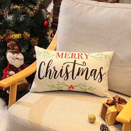 DFXSZ Merry Christmas Pillow Covers Holly Berries Lumbar Pillow Covers Outdoor Pillowcase 12x20 Inch for Home Decoration