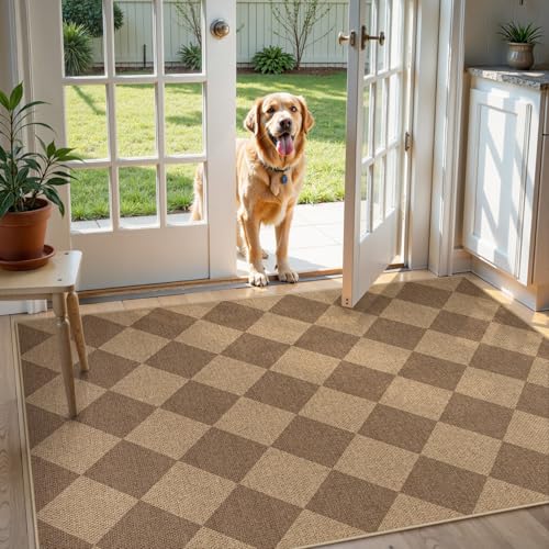 Indoor Outdoor Checkered Jute Look Rug 3x5 Washable Non Slip Entryway Decor - Nature Variation 2