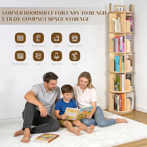 Kryonix 3 Tier Kids Rotating Bookshelf, Spinning Solid Pine Wood
