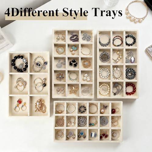 BHUWRY Beige Velvet Jewelry Organizer Trays 24 Pack Stackable Drawer Inserts