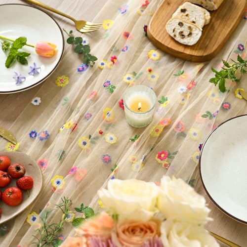 Artoid Mode Champagne Embroidery Daisy Gauze Table Runner 28 x 120 Inch