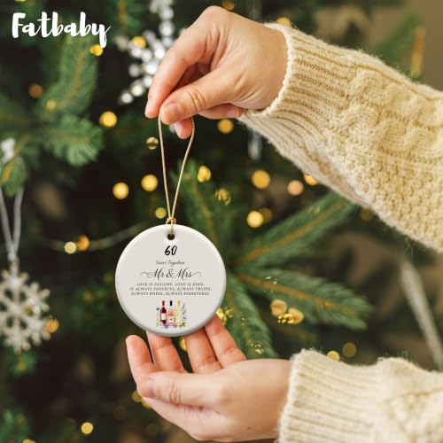 Fatbaby 60th Anniversary Christmas Ornament for Couples - 60 Years Together Gift, Ceramic, 2.9" with Box & Ribbon