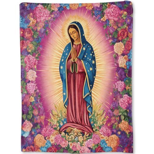 Our Lady of Guadalupe Fleece Blanket 60x80in Virgin Mary & Floral – Ultra Soft Throw