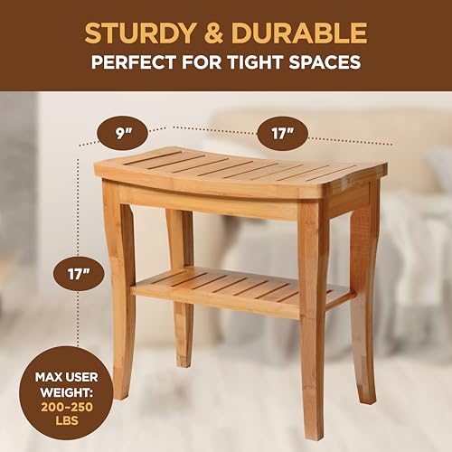 Bambüsi Bamboo Shower Bench with Storage Shelf, Non Slip Feet - Compact Spa Seat