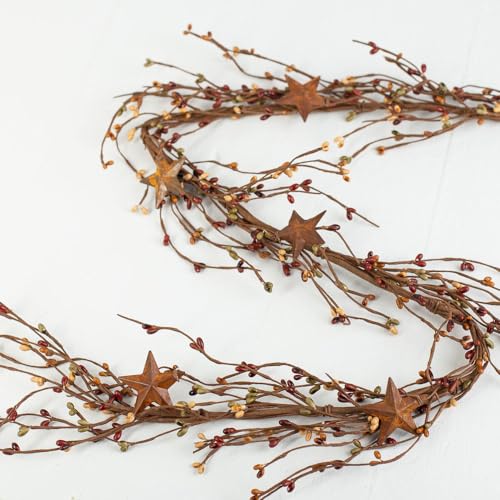 48" Green, Rust & Toffee Pip Berry Star Garland – Earth‑Tone Berries
