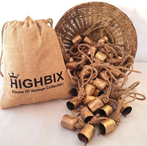 HIGHBIX 4cm Small Vintage Rustic Lucky Cow Bells on Jute Rope - 30 Cylinder