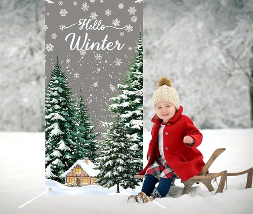 Grey Winter Forest Door Cover Banner 180x90cm with Hanging Rope