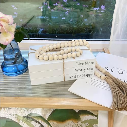 Decorative Books for Home Decor, White Faux Books for Decoration, Rustic Farmhouse Stacked Display Books with 52in Wood Bead Garland for Coffee Tables Living Room, (Happy)