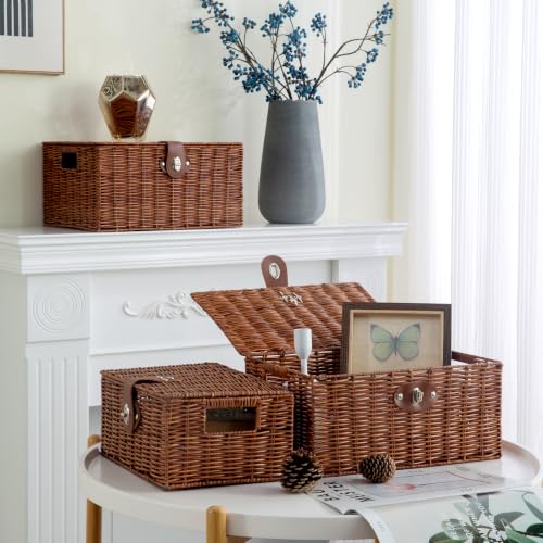 Natural Woven Wicker Storage Basket Set with Lids Handles - Nursery & Home Organizer