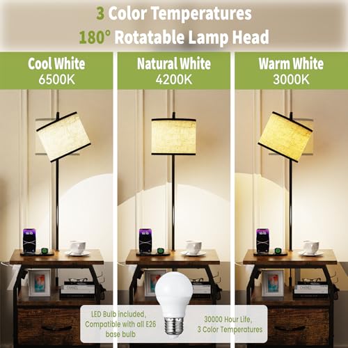 Runjuly Rustic Brown Floor Lamp with Table and Charging Station - 2 Drawers