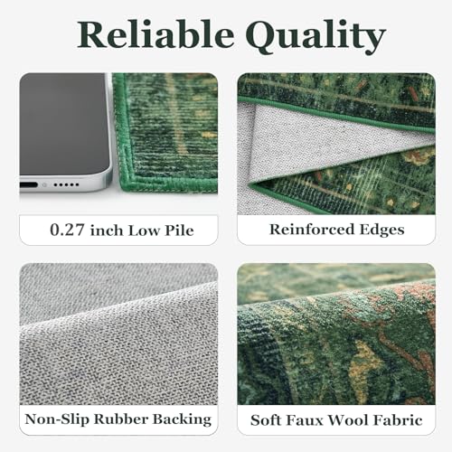 Jainmy 6x9 Dark Green Traditional Area Rug with Medallion Pattern, Low Pile, Non-Slip, Washable for Living Room & Bedroom