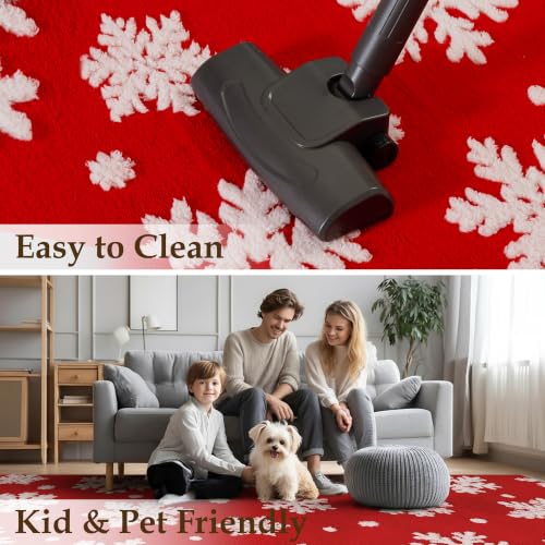 Hugear 2x5 Red Snowflake Christmas Runner Rug - 3D Snowflake, Medium Pile, Non-Slip