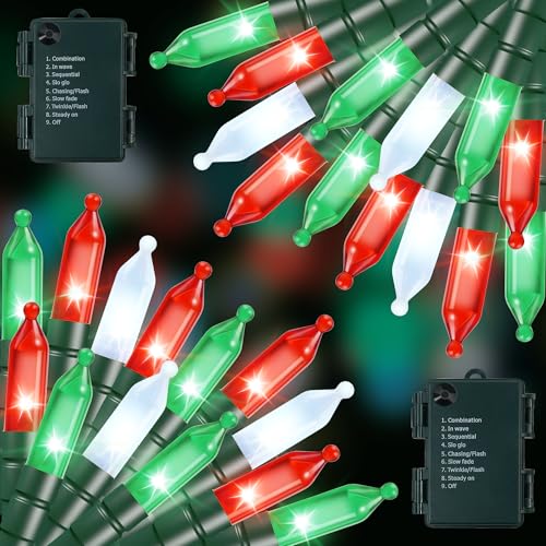 2 Pack Christmas String Lights with Built-in Timer - Total 100 LED 36ft Fairy Battery String Lights - Mini Lighting for Indoor Decor Wreath Lawn Bedroom Christmas Decorations - Red White Green