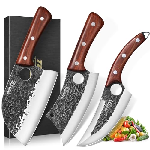 Topfeel 3-Piece Hand Forged Viking Meat Cleaver Knife Set with Chef & Utility Knives