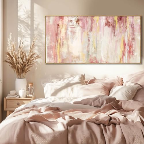 Pink Abstract Wall Art Canvas - Framed Oil Painting for Bedroom & Living Room 40L x 20W Inches - Modern Home Decor