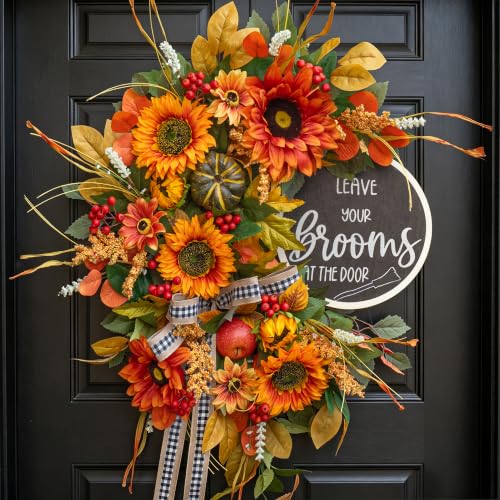 Peony Fall Wreath for Front Door 24 Inch Autumn Rustic Sunflower Decor