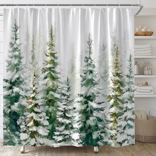 UEAUUN Winter Snowy Forest Shower Curtain Christmas Pine Tree 70x70 Inch Green White