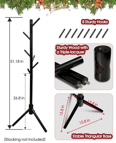 Black Freestanding Christmas Stocking Holder Stand, 8-Hook Wooden Tree