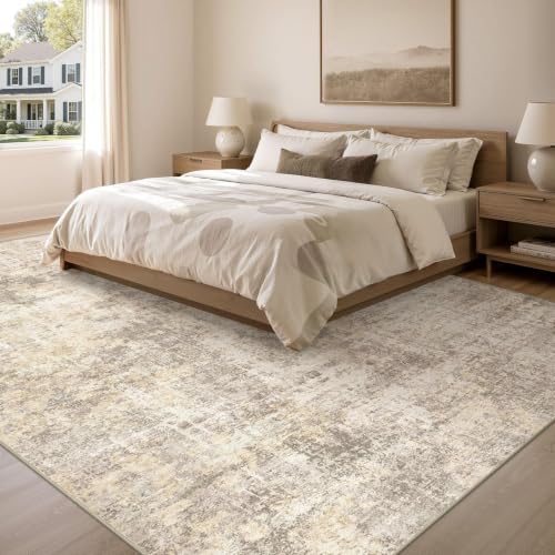 Cotiled Beige 9x12 Area Rug - Washable Soft Abstract Living Room Carpet