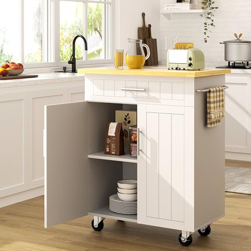 Kitchen Island Cart with Storage & Rubberwood Top - White / 26"