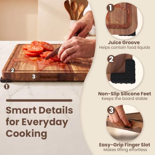 Piklohas Large Acacia Wood Cutting Board Set with Storage Stand - Brown