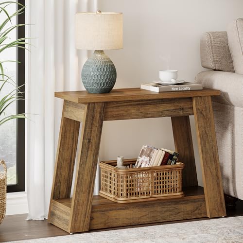 Tribesigns Rustic Brown Wood End Table with 2 Shelves - Narrow Nightstand for Living Room & Bedroom, Small Side Table