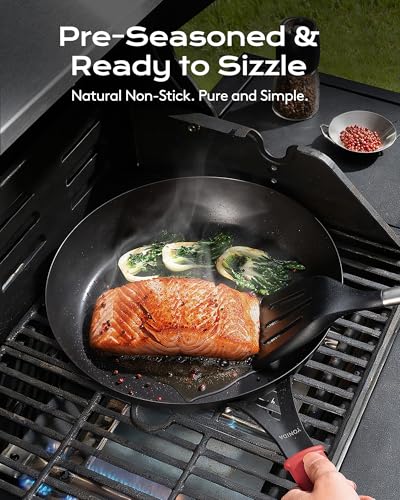 Black 12 Inch Carbon Steel Frying Pan with Lid - Pre-Seasoned Nonstick Skillet