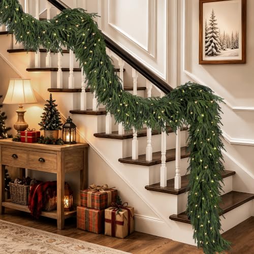 9FT Norfolk Pine Garland with Separate Lights,Lush Christmas Mantle