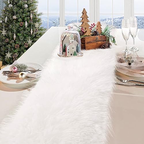 Yuboo White Faux Fur Fluffy Table Runner 14 x 72 Inches for Bedroom & Dining